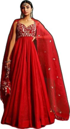 Red Georgette Lehenga For Evening, Red Silk Anarkali Set With Dori Work, Red Gown With Sheer Dupatta For Diwali, Traditional Drape Dresses For Diwali Wedding, Traditional Drape Wedding Dresses For Diwali, Red Silk Anarkali Set With Traditional Drape, Red Dresses With Dori Work, Elegant Georgette Wedding Gown, Traditional Drape Gown For Wedding Festivals