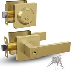 an image of a golden door handle and key lock on a white background with the keys in front of it