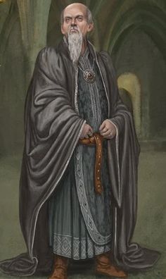 an old man with a white beard wearing a long robe and holding a cane in his right hand