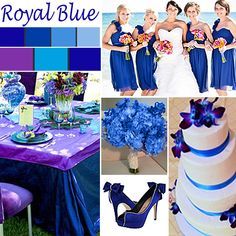 blue and purple wedding color scheme with bridesmaid's bouquets, high heel shoes, and cake