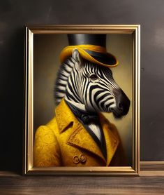 a painting of a zebra wearing a top hat and yellow coat with a gold frame