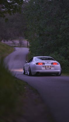 a white sports car driving down a road next to lush green trees and bushes at dusk