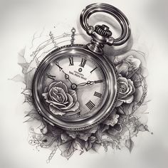 a drawing of a pocket watch with roses on it