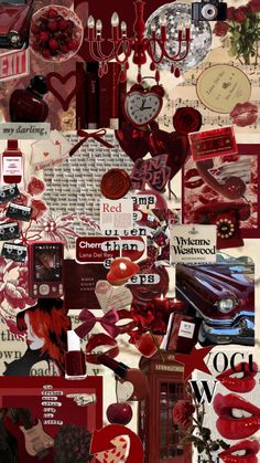 the collage is made up of many different things in red and black colors, including hearts