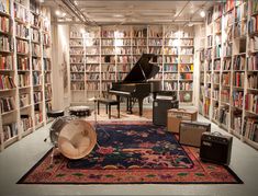 a room filled with lots of books next to a piano and other musical instruments on top of a rug