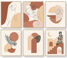 six abstract art prints with different shapes and sizes, including one woman sitting on a chair