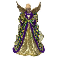 an angel figurine with gold and purple ribbons on it's wings,