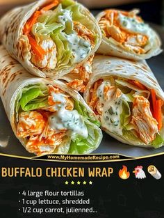 the buffalo chicken wrap is cut in half and stacked on top of each other with ranch dressing