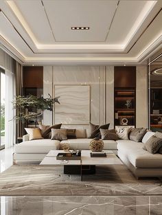 an elegant living room with marble flooring and white couches in front of large windows