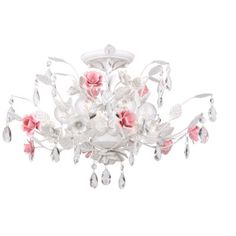 a white chandelier with pink flowers and crystal drops hanging from it's center