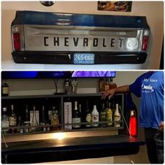 two pictures of the back end of a truck with liquor bottles on it, and an image of a man standing in front of a bar