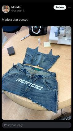 Denim Rave Outfit, Creative Jeans Ideas Diy Fashion, Festival Denim Outfit, Festival Outfits Denim, Clothing Design Ideas, Star Corset, Corset Mini Skirt, Jeans Upcycle, Edgy Summer Outfits