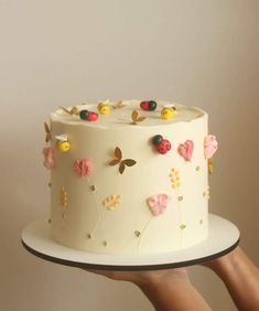 a hand holding a white cake with flowers and butterflies on the frosted icing