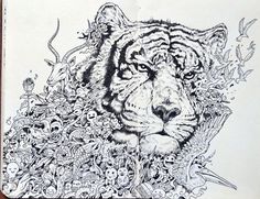 a drawing of a tiger surrounded by skulls and flowers