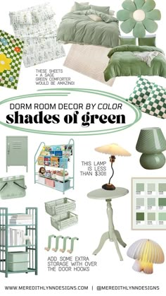 Collage of aesthetic green room decor. Dorm room decorating ideas. Green checkered decor. Apartment decor.