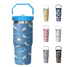 thermos cup with handle is designed to look like sharks