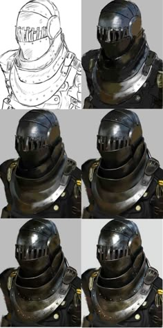 four different views of the helmet and armor