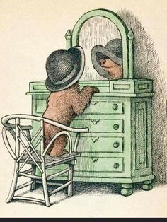 an illustration of a teddy bear sitting in front of a dresser and looking into the mirror