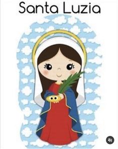 an image of the virgin mary holding a flower in her hand with clouds behind it