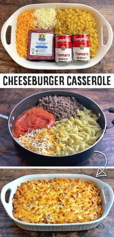 two pictures showing different types of cheeseburger casserole, and the same side dish