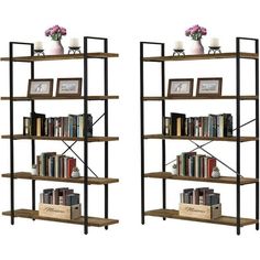 two bookshelves with pictures and flowers on them, one is black and the other is brown