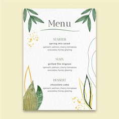 a menu with leaves and flowers on it