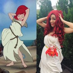 a woman with red hair is standing next to an image of the little mermaid holding a crab