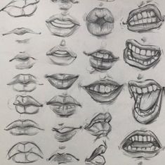 various mouths and teeth drawn in pencil