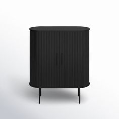 a black cabinet with two legs and a round top