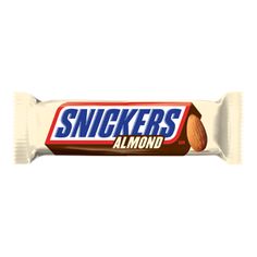 snickkers almond bar on white background