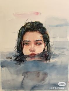 a watercolor painting of a woman's head in the water with her eyes closed