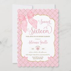 a pink and gold sweet sixteen birthday party card with a bow on the front, sitting on a marble surface