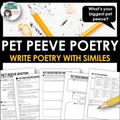 the pet peeve poetry writing activity is shown with pencils and crayons