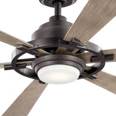 a ceiling fan with wooden blades and a light