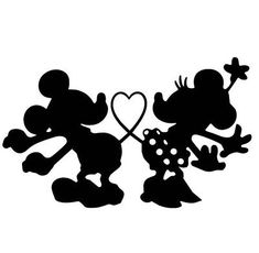 two mickey and minnie mouse silhouettes with a heart in the middle, on a white background