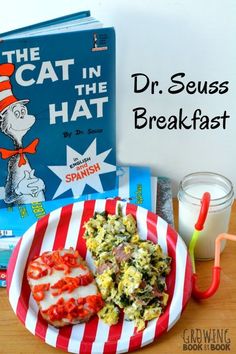 the cat in the hat breakfast on a plate next to a book and glass of milk