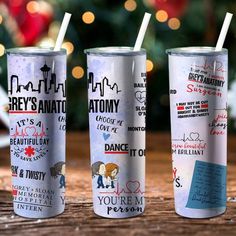 three personalized tumblers with the names of different people on them, one for grey's anatomy and one for gray's anatomy