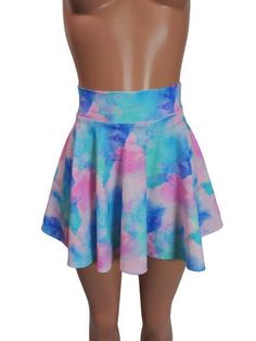 "Please measure yourself to make sure you choose the correct length for your needs Pastel print spandex skater skirt 15\" shown on mannequin. High waist skirt can be worn lower or higher most skirts allow you to place the waistline where it suits you on your particular body shape and personal desire! this fun flirty skirt is a full circle design and can be ordered in lengths of 10 inch, 12 inch, 15 inch and 19 inch- if you need a longer length contact me for a quote. Any of my items can be made Rave Mini Skirt For Spring, Fitted Blue Skort For Cheerleading, Cheerleading Mini Skirt For Summer, Skirted Bottoms For Summer Cheerleading, Spring Rave Fitted Skirt, Spring Fitted Rave Skirt, Fitted Rave Mini Skirt For Spring, Fitted Rave Skirt For Spring, Spring Mini Skirt For Cheerleading