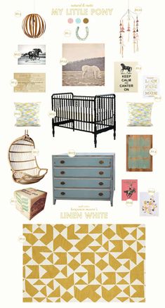 a collage of baby nursery items including a crib, dresser, and wall hangings