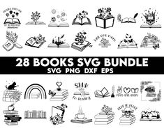 the 28 books svg bundle is shown in black and white, with different designs