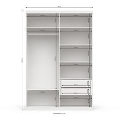 a white closet with drawers and shelves on the bottom shelf, measurements for each drawer