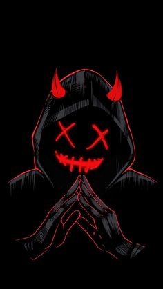 a person in a black hoodie with red eyes and horns