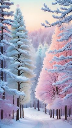 a painting of snow covered trees in the middle of a snowy forest with pink and blue colors