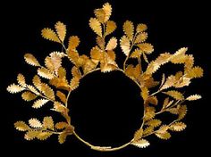 a gold wreath with leaves on a black background