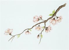 a branch with pink flowers on it against a light blue sky background in an art print