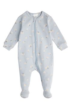 Mini daisies dot supersoft ribbed organic-cotton footie pajamas made with a handy two-way zipper. This item is designed to fit snugly, as it is not flame-resistant Two-way front-zip closure with chin guard 95% organic cotton, 5% elastane Machine wash, tumble dry Imported Blue Baby Clothes, Mini Daisies, Baby Footie Pajamas, Organic Cotton Baby Clothes, Cotton Baby Clothes, Hippie Baby, Footie Pajamas, Newborn Clothes