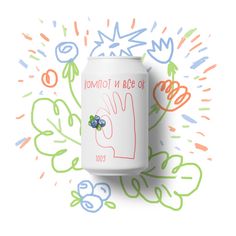 a can of tomato juice on a white background with colorful doodles and flowers around it