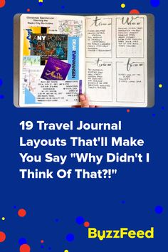 an open book with the title 19 travel journal layouts that'll make you say, why didn't i think of that?