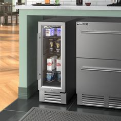 an image of a beverage cooler in the middle of a kitchen flooring area with wood floors