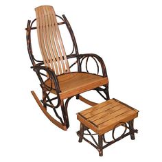 a wooden rocking chair and foot stool